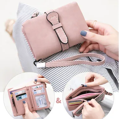 miyin ピンク 2つ折り財布 レディース 可愛い スエード 柔らかい 合成皮革 無地 持ち手付き ファスナー小銭入れ カード 大容量